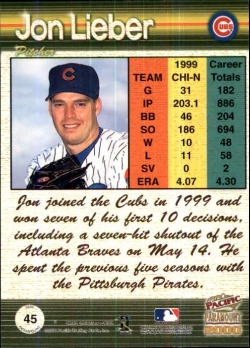 2000 Paramount Copper #45 Jon Lieber back image