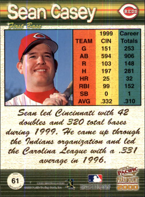 2000 Paramount Copper #61 Sean Casey back image