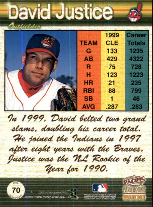 2000 Paramount Copper #70 David Justice back image
