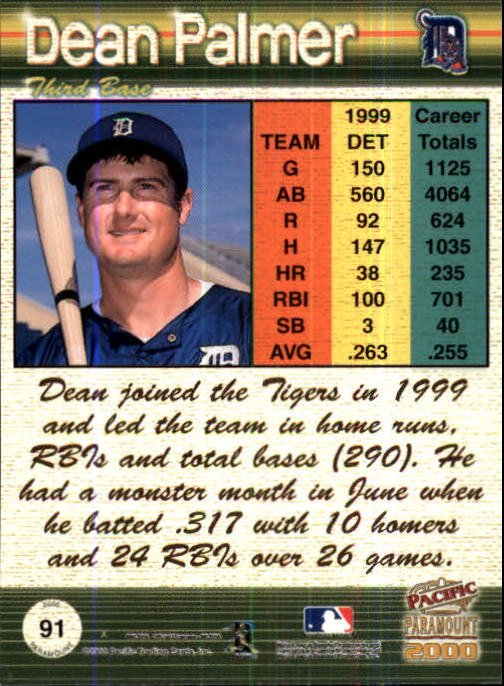 2000 Paramount Copper #91 Dean Palmer back image