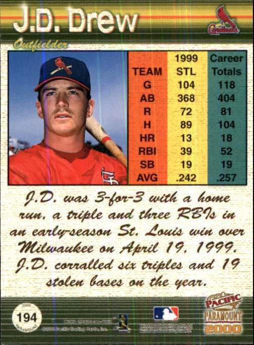 2000 Paramount Copper #194 J.D. Drew back image