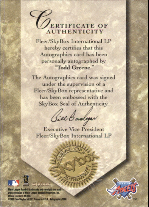 2000 SkyBox Autographics #52 Todd Greene back image