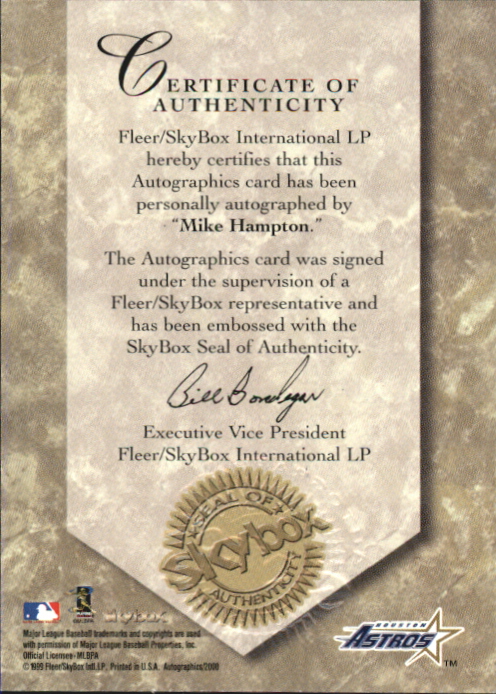 2000 SkyBox Autographics #57 Mike Hampton back image