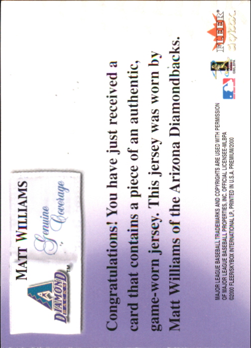 2000 SkyBox Genuine Coverage #10 Matt Williams HR back image