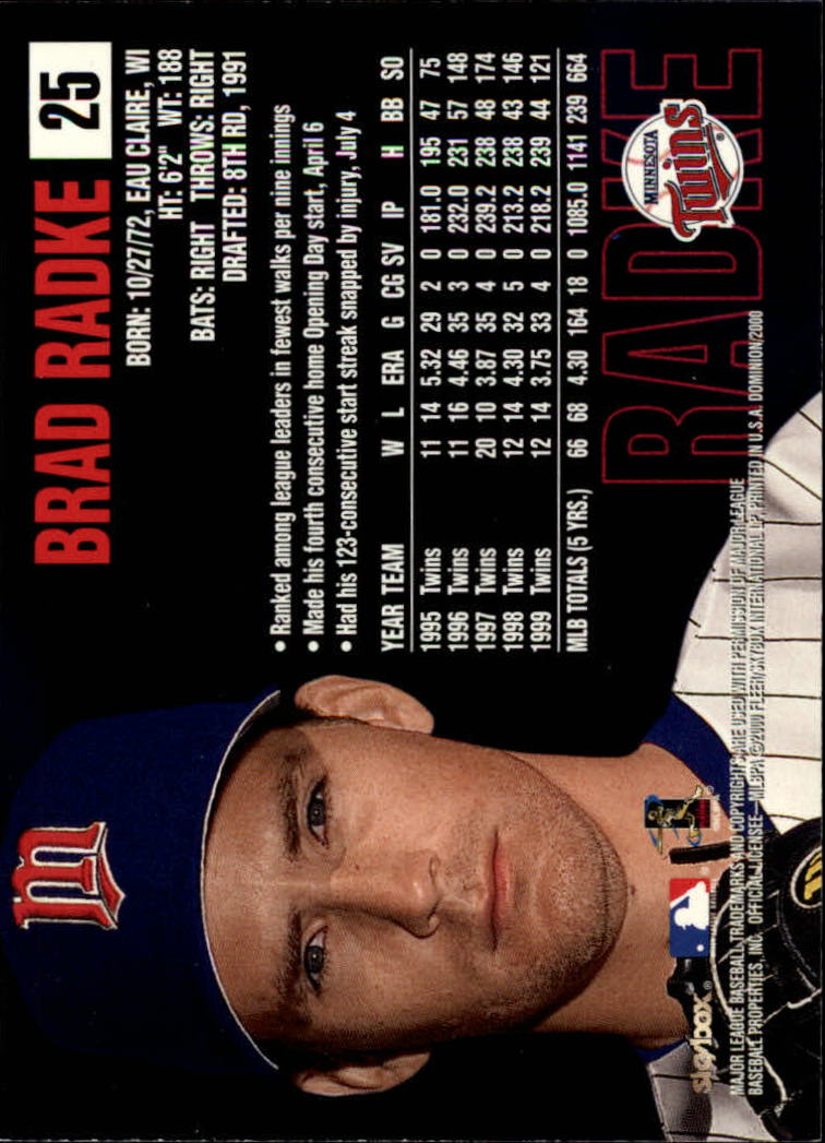 2000 SkyBox Dominion #25 Brad Radke back image