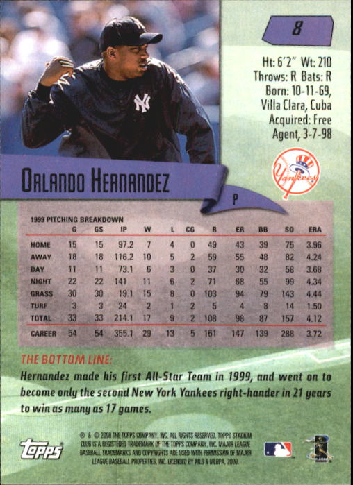 2000 Stadium Club #8 Orlando Hernandez back image