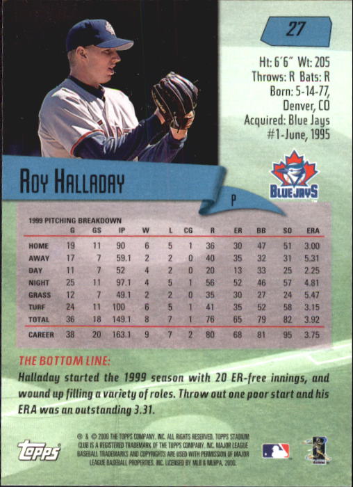 2000 Stadium Club #27 Roy Halladay back image