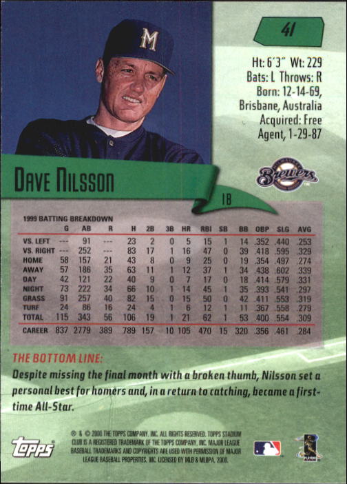 2000 Stadium Club #41 Dave Nilsson back image