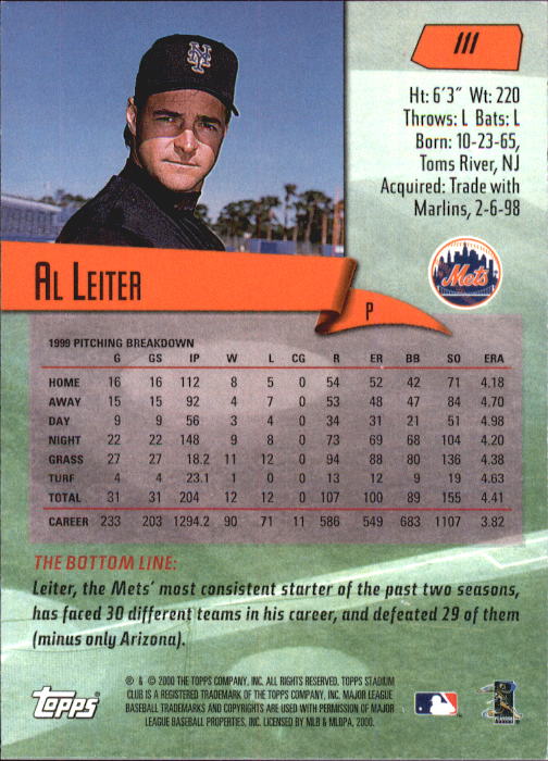 2000 Stadium Club #111 Al Leiter back image