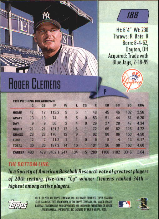2000 Stadium Club #188 Roger Clemens back image