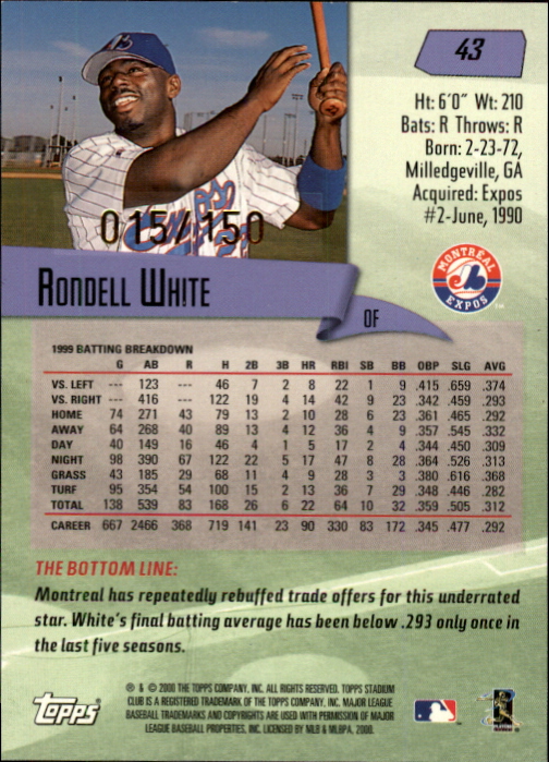 2000 Stadium Club One of a Kind #43 Rondell White back image