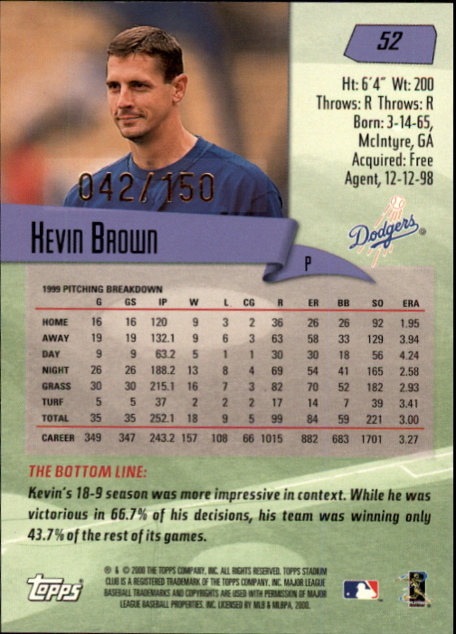 2000 Stadium Club One of a Kind #52 Kevin Brown back image