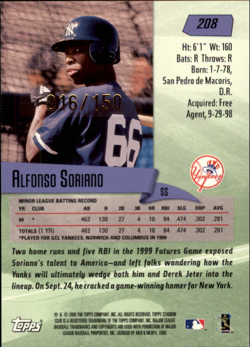 2000 Stadium Club One of a Kind #208 Alfonso Soriano back image