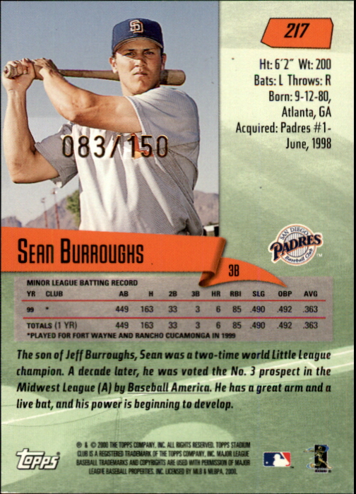 2000 Stadium Club One of a Kind #217 Sean Burroughs back image