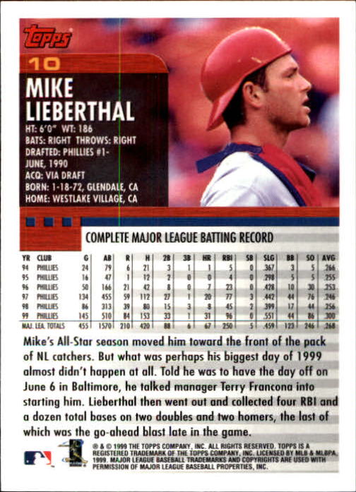 2000 Topps Limited #10 Mike Lieberthal back image