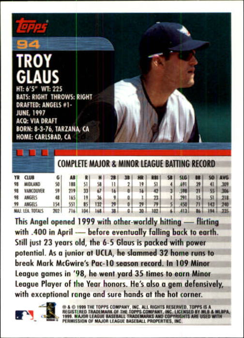 2000 Topps Limited #94 Troy Glaus back image