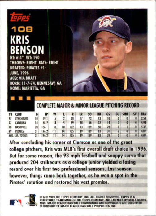 2000 Topps Limited #108 Kris Benson back image