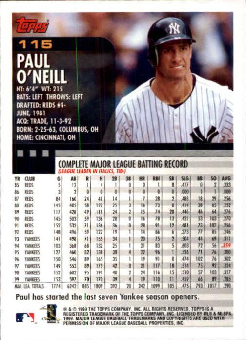 2000 Topps Limited #115 Paul O'Neill back image