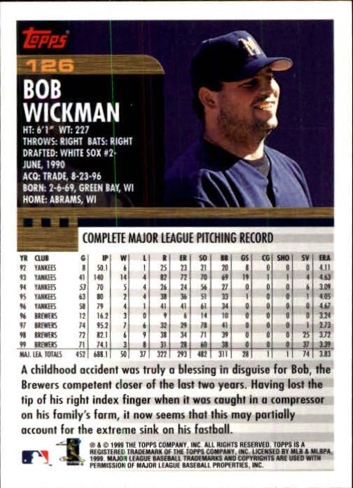 2000 Topps Limited #126 Bob Wickman back image