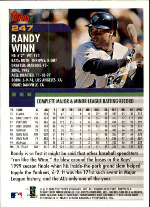 2000 Topps Limited #247 Randy Winn back image