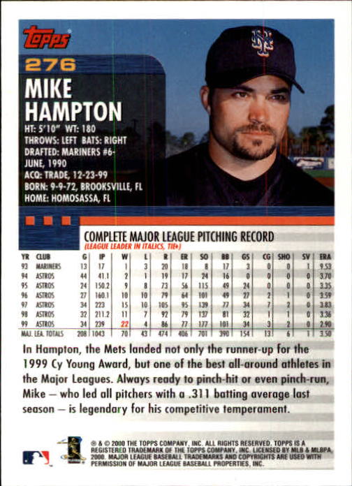 2000 Topps Limited #276 Mike Hampton back image