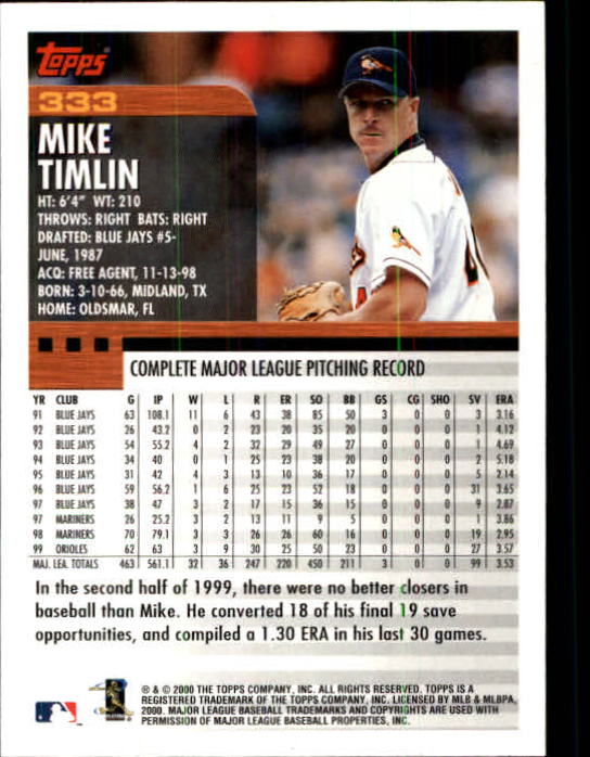 2000 Topps Limited #333 Mike Timlin back image