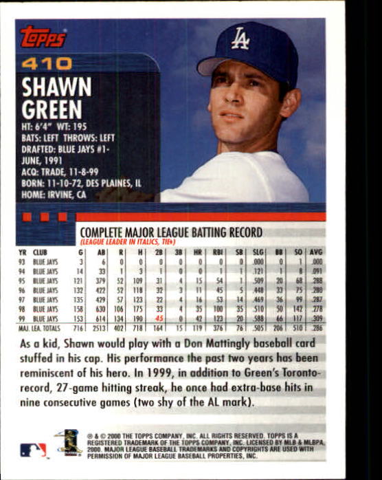 2000 Topps Limited #410 Shawn Green back image