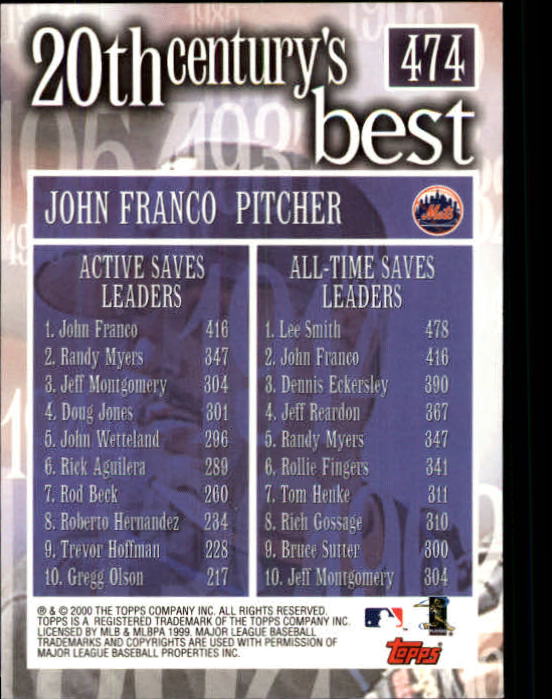 2000 Topps Limited #474 John Franco 20CB back image