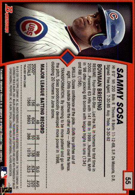 2001 Bowman #55 Sammy Sosa back image