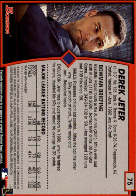 2001 Bowman #75 Derek Jeter back image