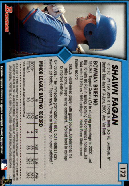 2001 Bowman #172 Shawn Fagan RC back image