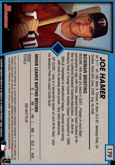 2001 Bowman #179 Joe Hamer RC back image