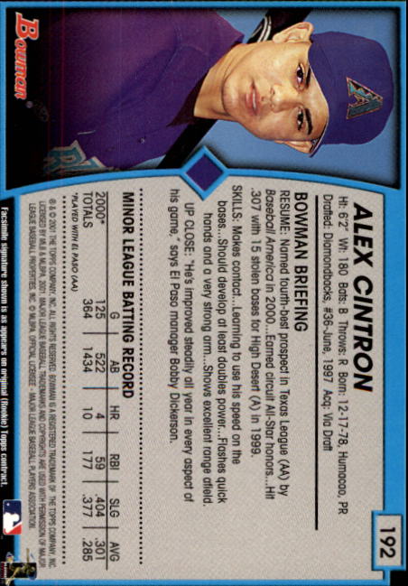 2001 Bowman #192 Alex Cintron back image