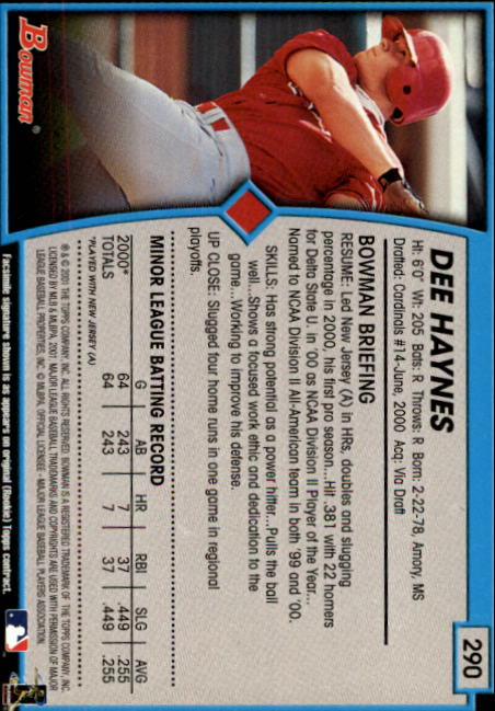 2001 Bowman #290 Dee Haynes RC back image