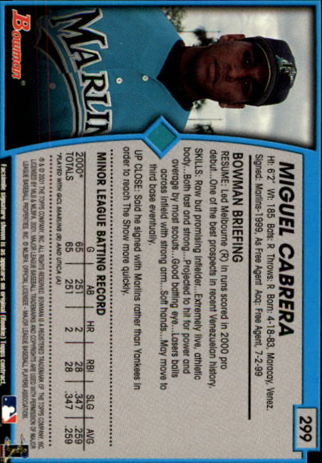 2001 Bowman #299 Miguel Cabrera UER/Denny Bautista pictured back image