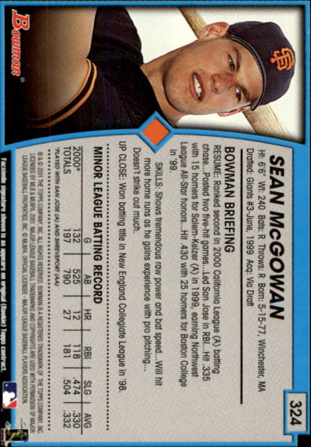 2001 Bowman #324 Sean McGowan back image