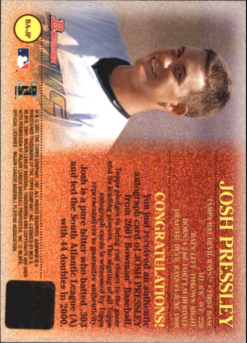2001 Bowman Autographs #BAJP Josh Pressley back image