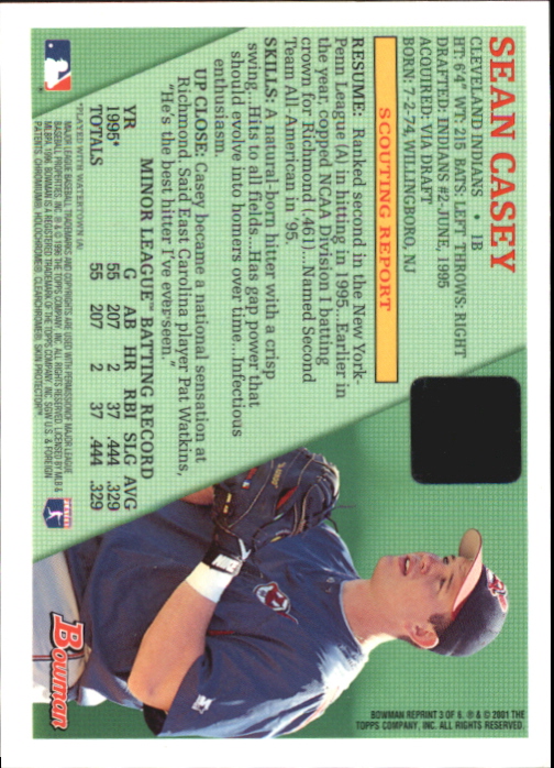 2001 Bowman Chrome Rookie Reprints Relics #3 Sean Casey Jsy back image