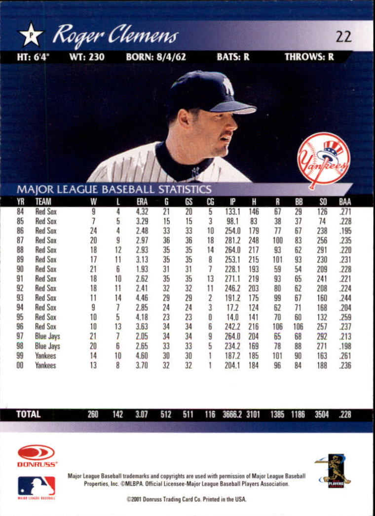 2001 Donruss #22 Roger Clemens back image