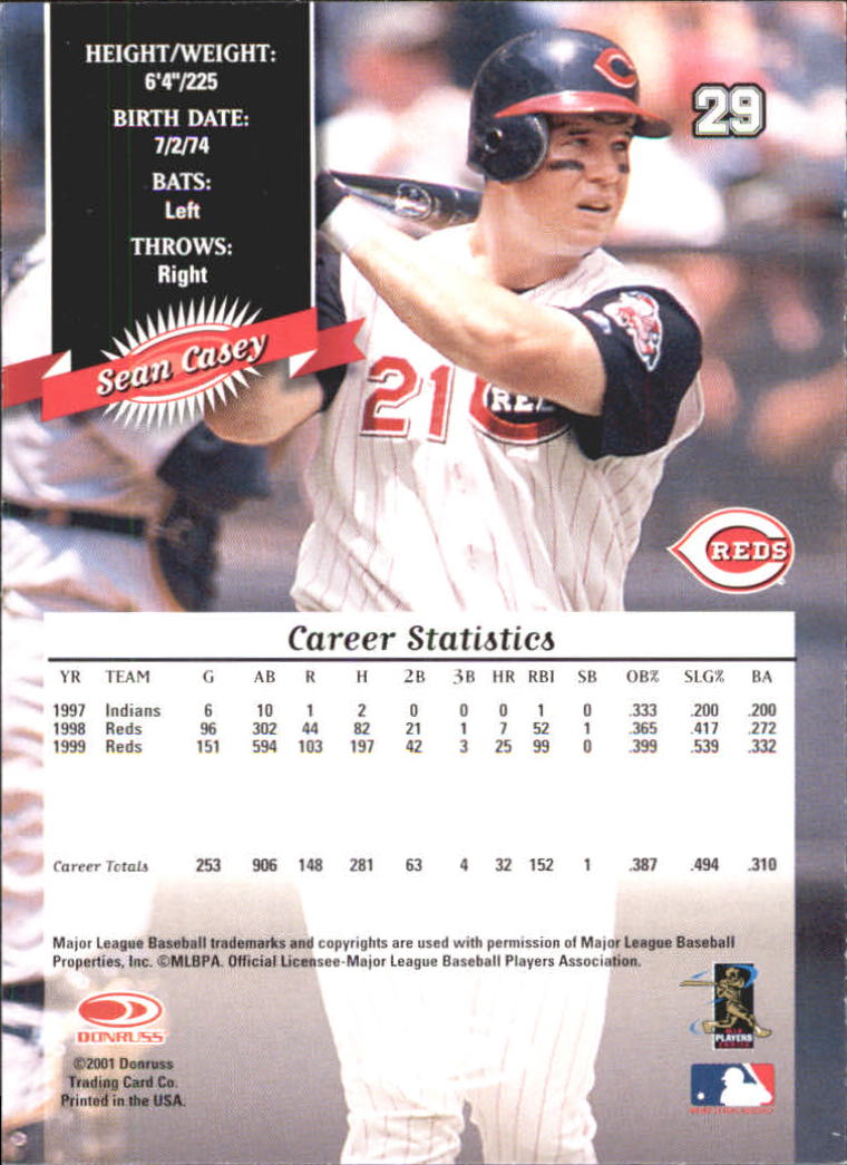2001 Donruss 2000 Retro #29 Sean Casey back image