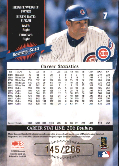 2001 Donruss 2000 Retro Stat Line Career #7 Sammy Sosa/206 back image