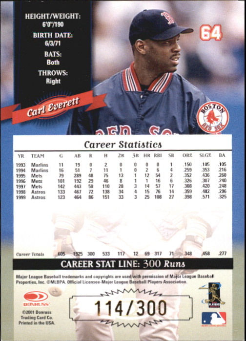 2001 Donruss 2000 Retro Stat Line Career #64 Carl Everett/300 back image