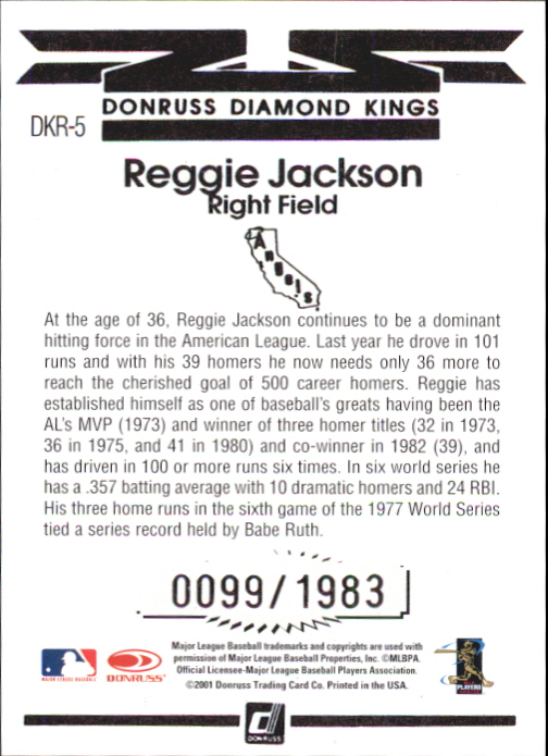 2001 Donruss Diamond Kings Reprints #DKR5 Reggie Jackson/1983 back image