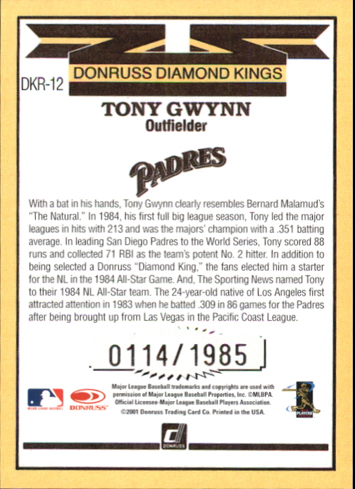2001 Donruss Diamond Kings Reprints #DKR12 Tony Gwynn/1985 back image