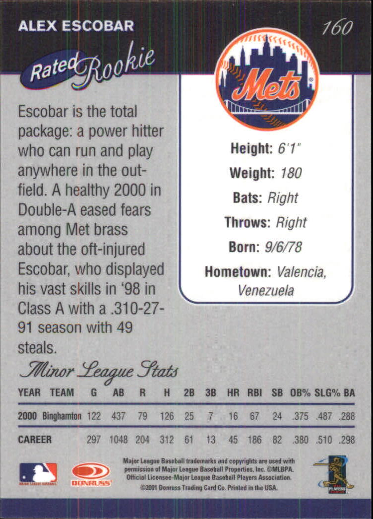 2001 Donruss Baseball's Best Silver #160 Alex Escobar RR back image