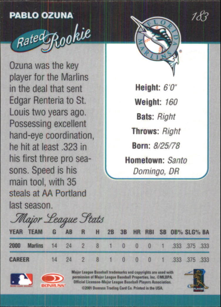 2001 Donruss Baseball's Best Silver #183 Pablo Ozuna RR back image