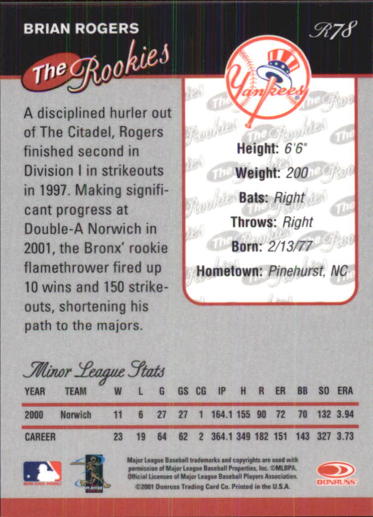 2001 Donruss Baseball's Best Silver Rookies #R78 Brian Rogers back image