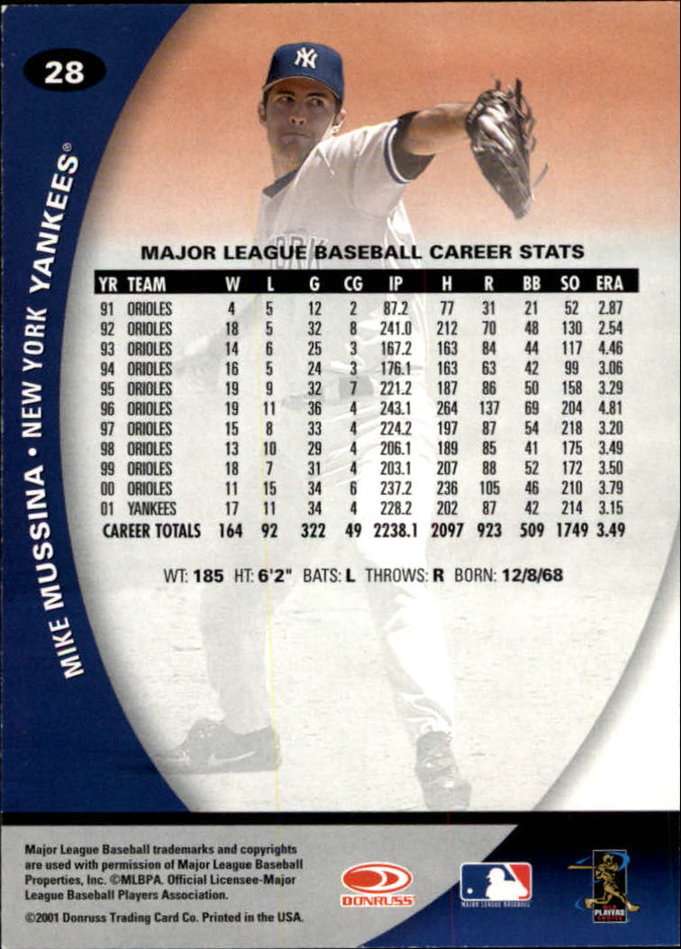 2001 Donruss Class of 2001 #28 Mike Mussina back image