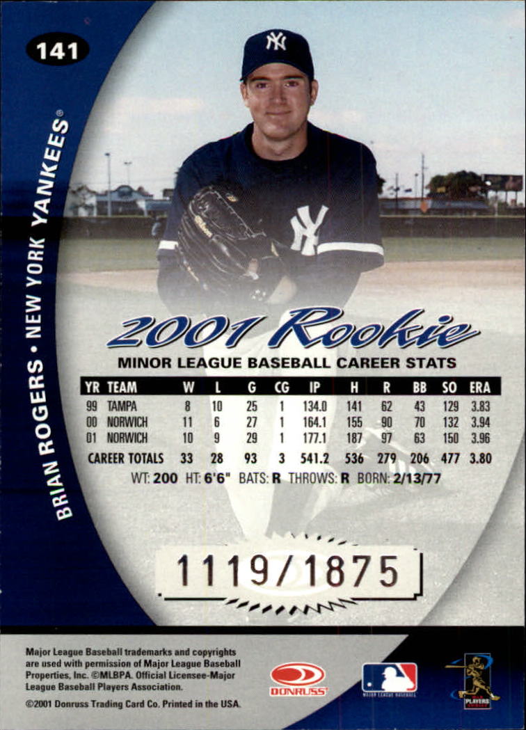 2001 Donruss Class of 2001 #141 Brian Rogers/1875 RC back image