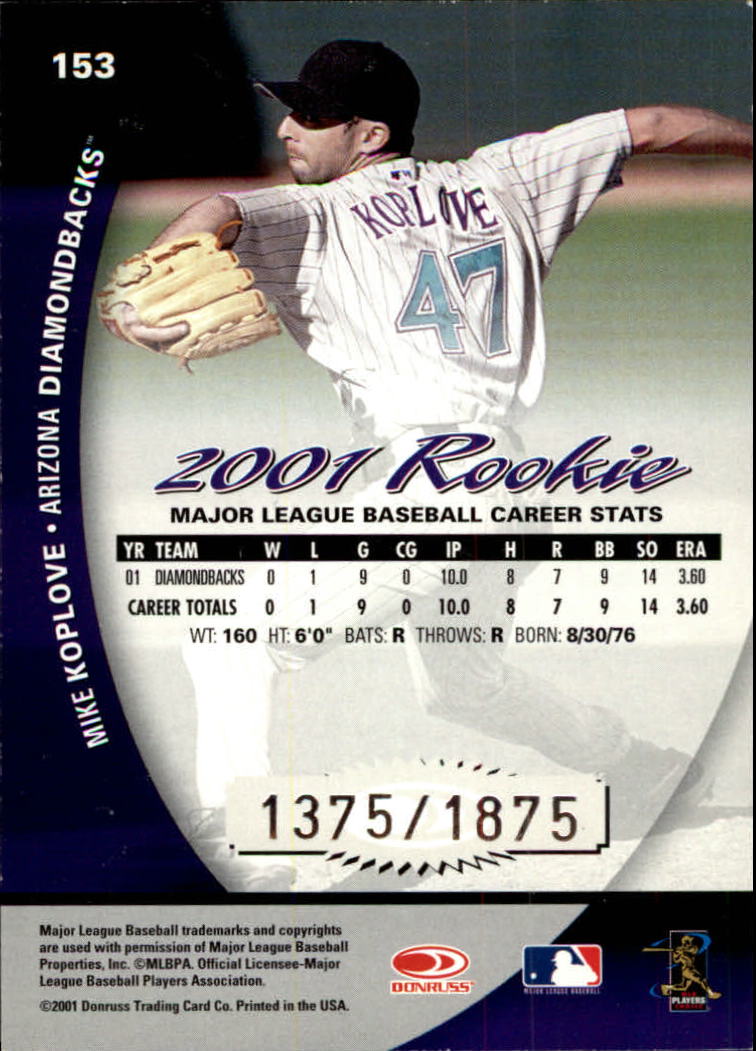 2001 Donruss Class of 2001 #153 Mike Koplove/1875 RC back image
